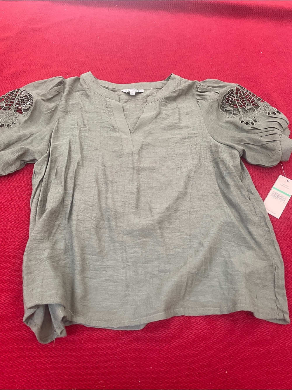 Nannette Olive Green V-Neck Linen Top with Lace Cutout Sleeves
